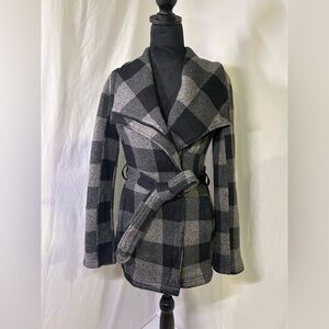 Black and Grey Plaid Coat with Tie Belt CoffeeShop